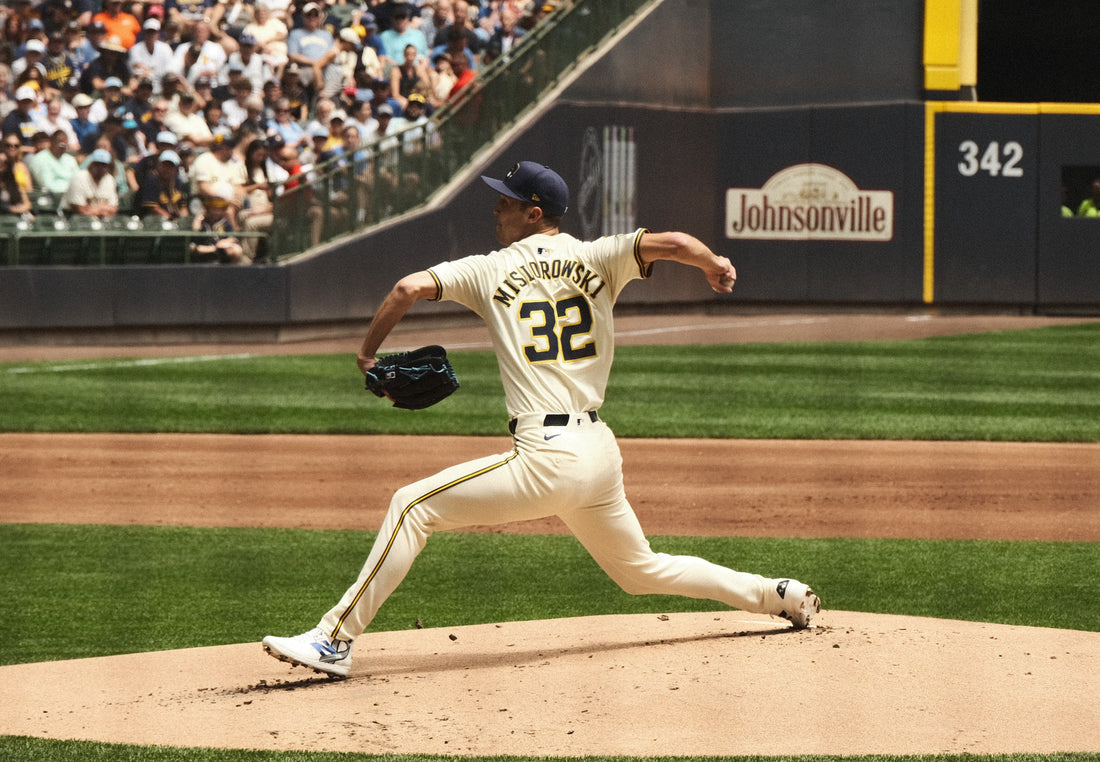 Jacob Misiorowski pitching in a Milwaukee Brewers uniform during the 2025 season
