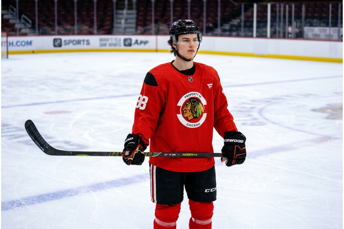 Connor Bedard on the ice in Chicago Blackhawks practice gear during the 2026 season