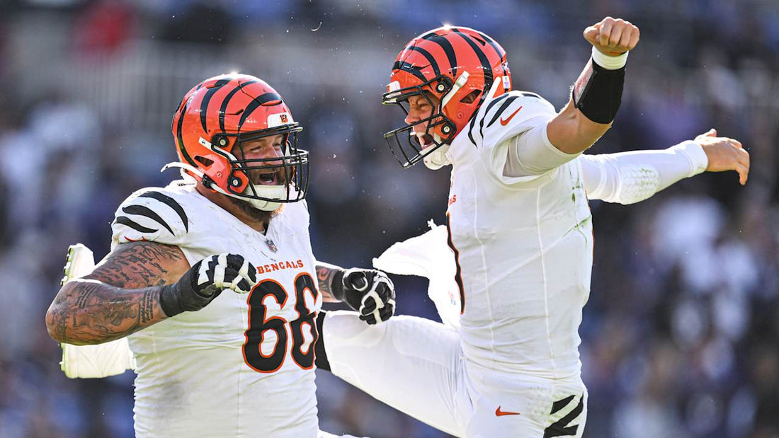 Joe Burrow and Dalton Risner celebrate a Cincinnati touchdown against Baltimore on October 25, 2026