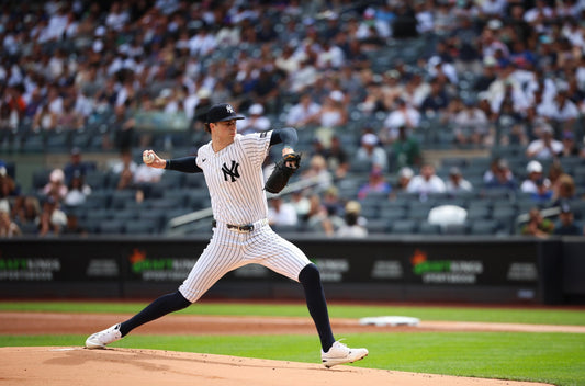 Cam Schlittler pitching for the New York Yankees against the New York Mets at Yankee Stadium on September 13, 2026
