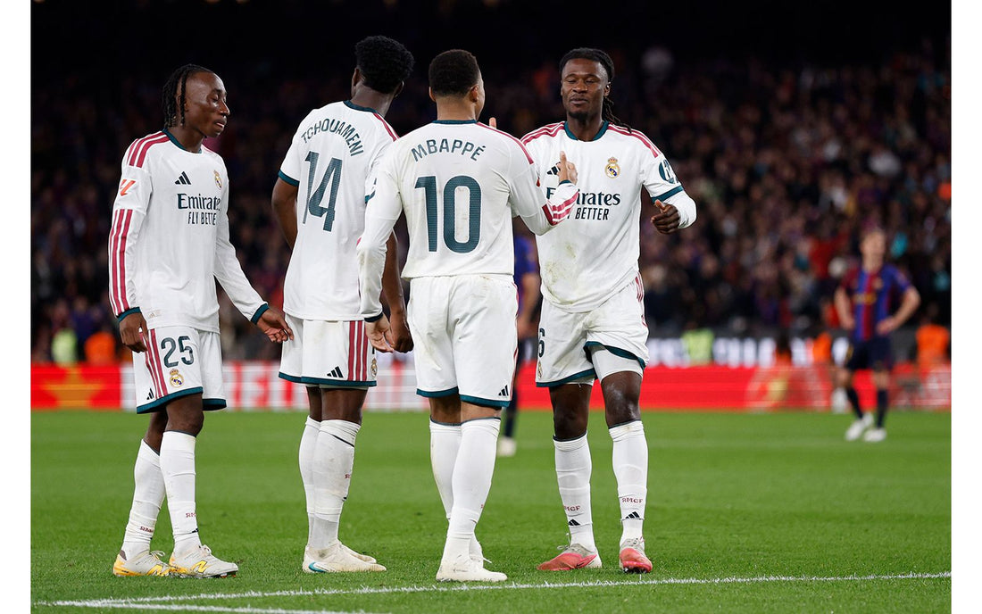 Eduardo Camavinga with Kylian Mbappe and Real Madrid teammates in 2026 El Clasico