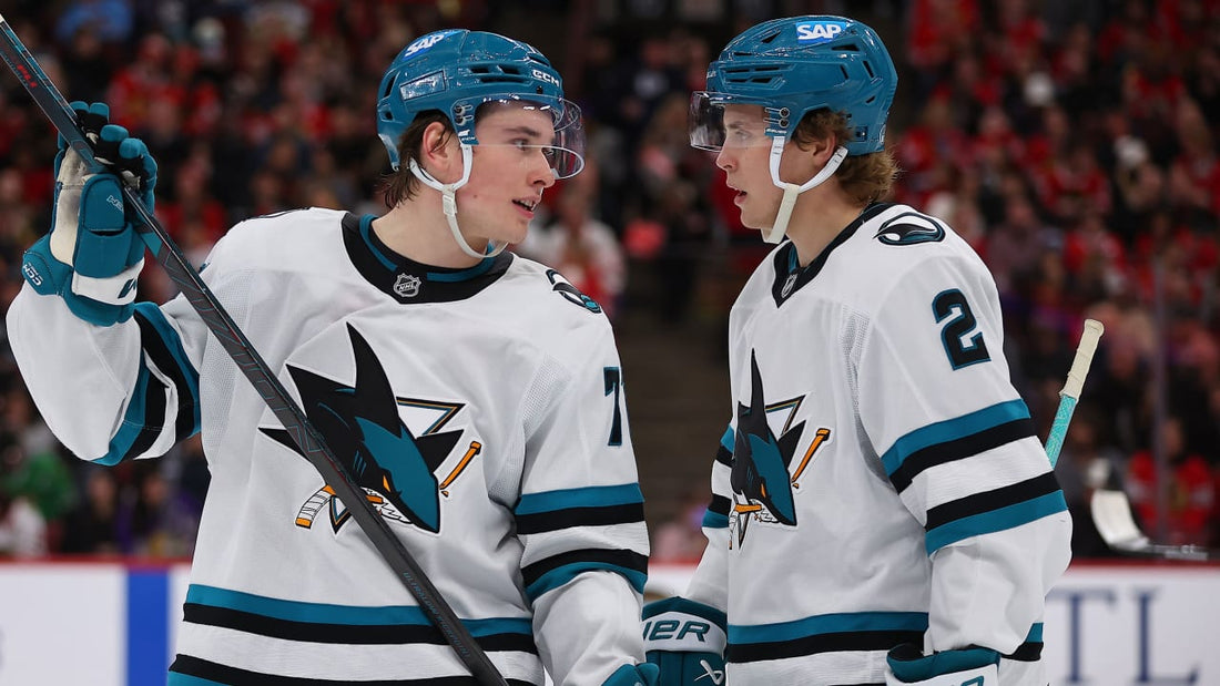 Macklin Celebrini and Will Smith in San Jose Sharks jerseys during the 2026 season