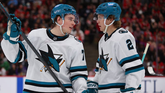 Macklin Celebrini and Will Smith in San Jose Sharks jerseys during the 2026 season