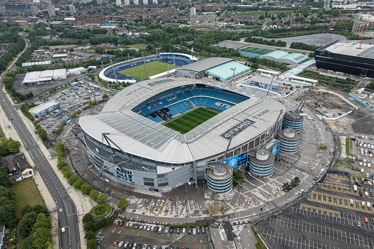 Aerial view of Etihad Stadium, home of Manchester City, photographed in 2023