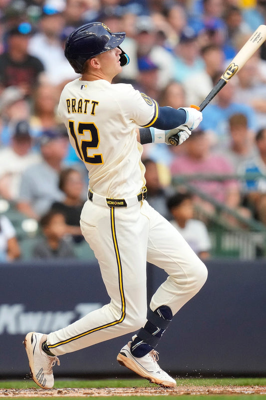 Cooper Pratt batting in 2026 Milwaukee Brewers uniform; current-season illustrative photo