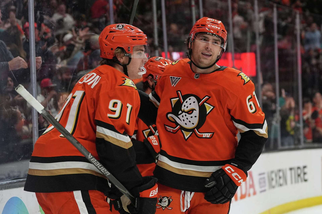 Cutter Gauthier celebrating with the Anaheim Ducks during the 2025-26 season
