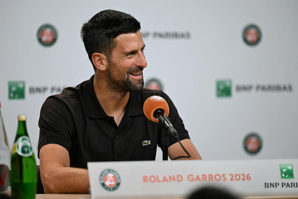 Novak Djokovic speaking at a 2026 Roland-Garros press conference