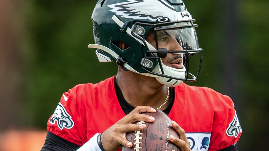 Philadelphia Eagles quarterback Jalen Hurts preparing to throw at 2026 practice