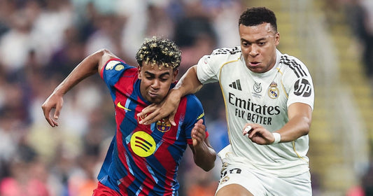 Kylian Mbappé and Lamine Yamal challenge for the ball in a 2026 Real Madrid–Barcelona clásico.