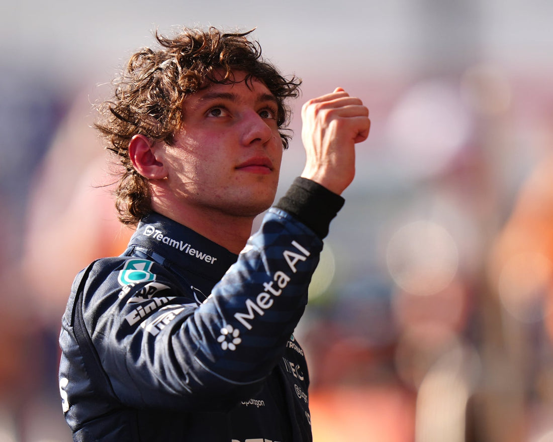 Kimi Antonelli celebrates his pole position at the 2026 United States Grand Prix in Austin