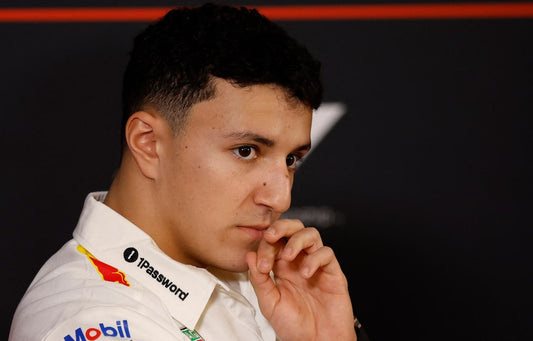 Isack Hadjar in Red Bull Racing team clothing at the October 22, 2026 Austin press conference