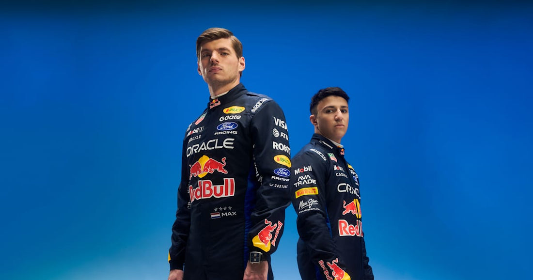 Max Verstappen and Isack Hadjar in their 2026 Oracle Red Bull Racing team suits