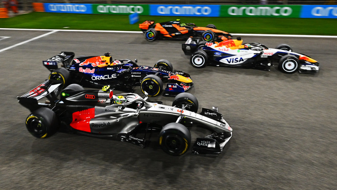 Current 2026 Formula 1 cars running together on track during Bahrain testing