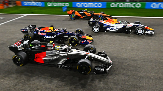 Current 2026 Formula 1 cars running together on track during Bahrain testing