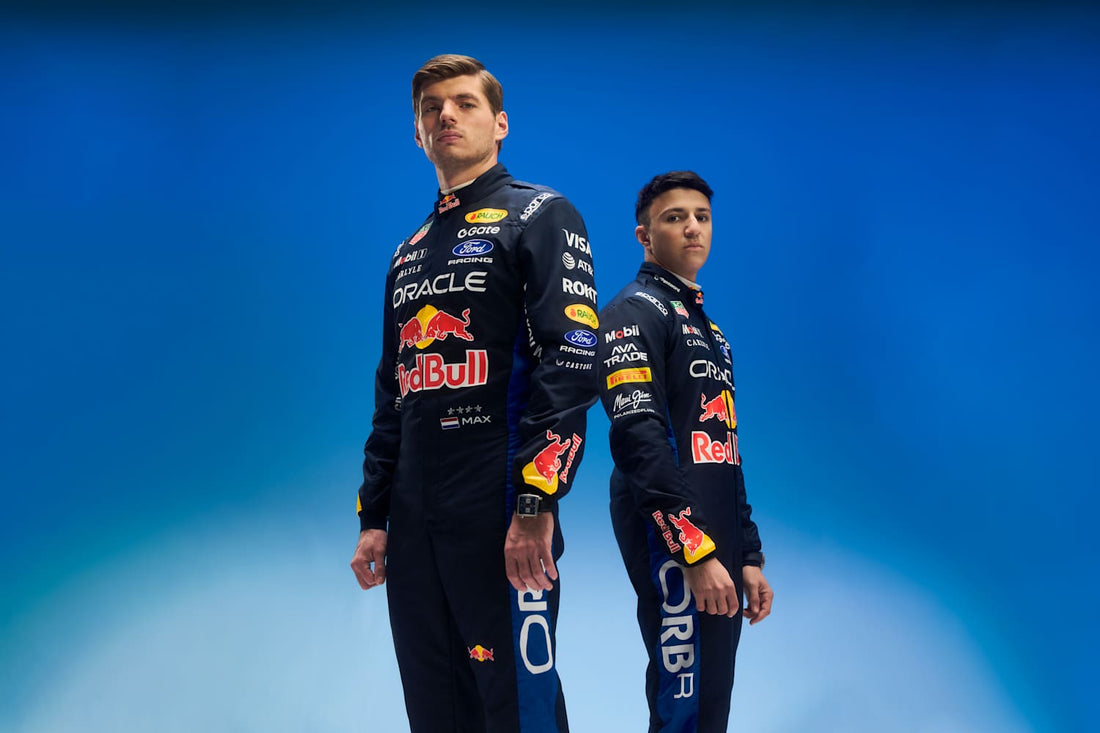 Max Verstappen and Isack Hadjar in their 2026 Red Bull Racing race suits