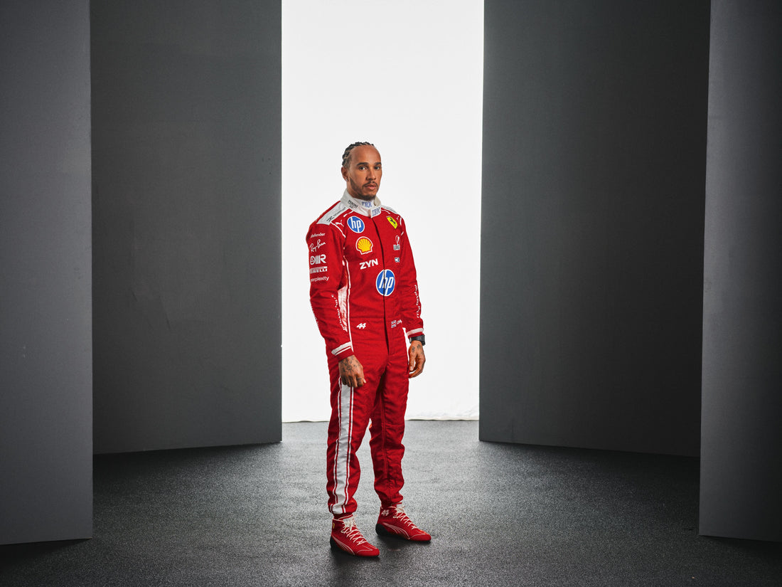 Lewis Hamilton wearing Ferrari's current 2026 red race suit