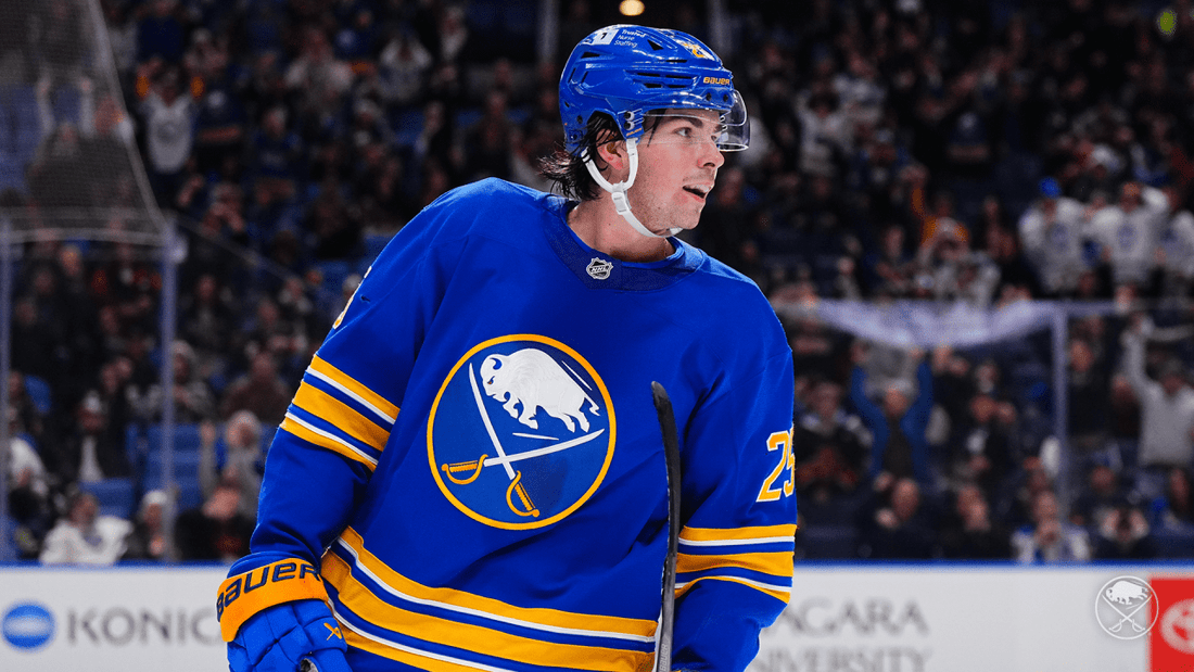 Owen Power skating for the Buffalo Sabres in a blue jersey