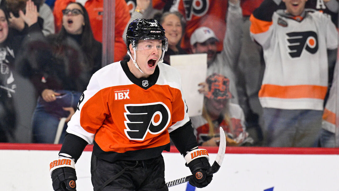 Matvei Michkov celebrates a Flyers goal against Colorado on October 19, 2026