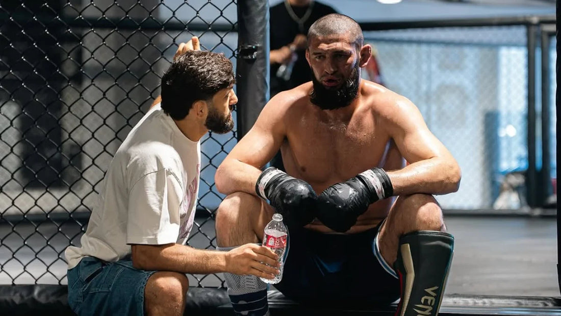 Khamzat Chimaev training inside an MMA cage