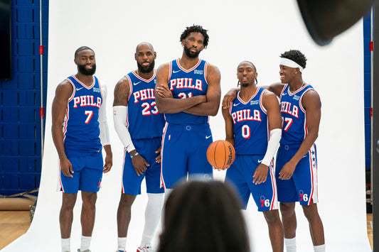 LeBron James with Philadelphia 76ers teammates at September 2026 media day