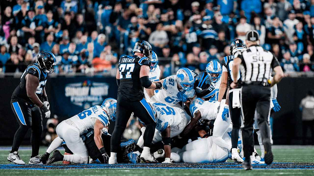 Detroit Lions defenders Jack Campbell, Alim McNeill, Aidan Hutchinson and Ennis Rakestraw against Carolina in October 2026