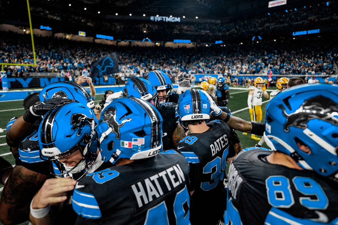 Jake Bates and Detroit Lions teammates celebrate after the game-winning field goal against Green Bay on October 25, 2026