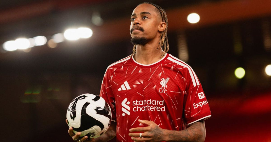 Bradley Barcola wearing Liverpool's 2026-27 red shirt