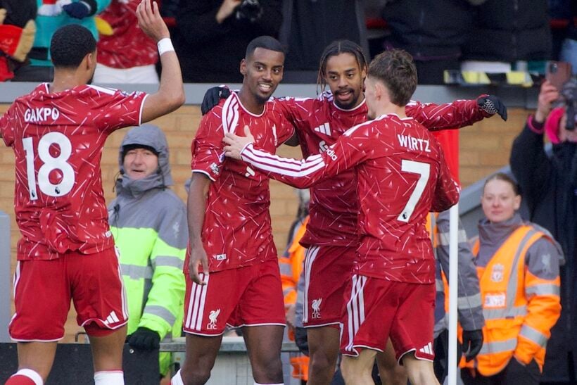 Alexander Isak celebrates with Liverpool teammates during the October 25, 2026 win over Brighton at Anfield