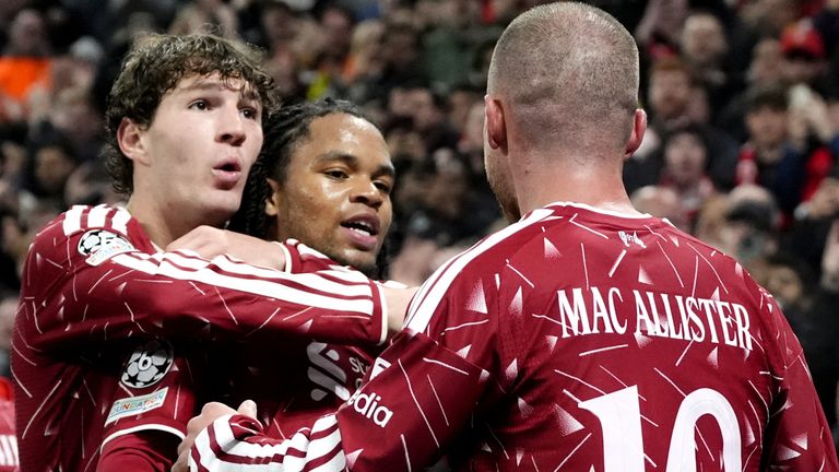 Rio Ngumoha and Alexis Mac Allister celebrate Liverpool's Champions League comeback against Villarreal
