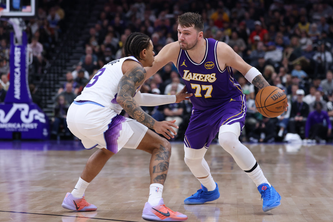 Luka Dončić handling the ball in his Los Angeles Lakers uniform during October 2026 preseason action