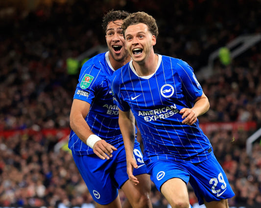 Maxim De Cuyper celebrates Brighton's winning goal against Manchester United at Old Trafford