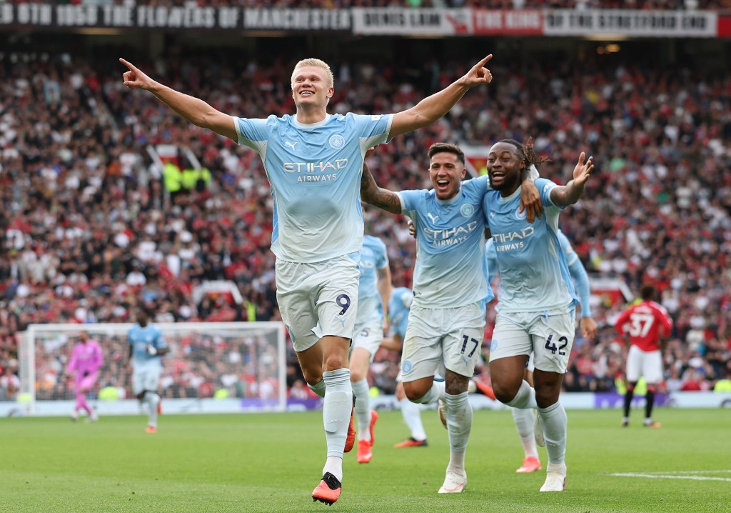 Erling Haaland celebrates for Manchester City at Old Trafford in the September 2026 Manchester derby