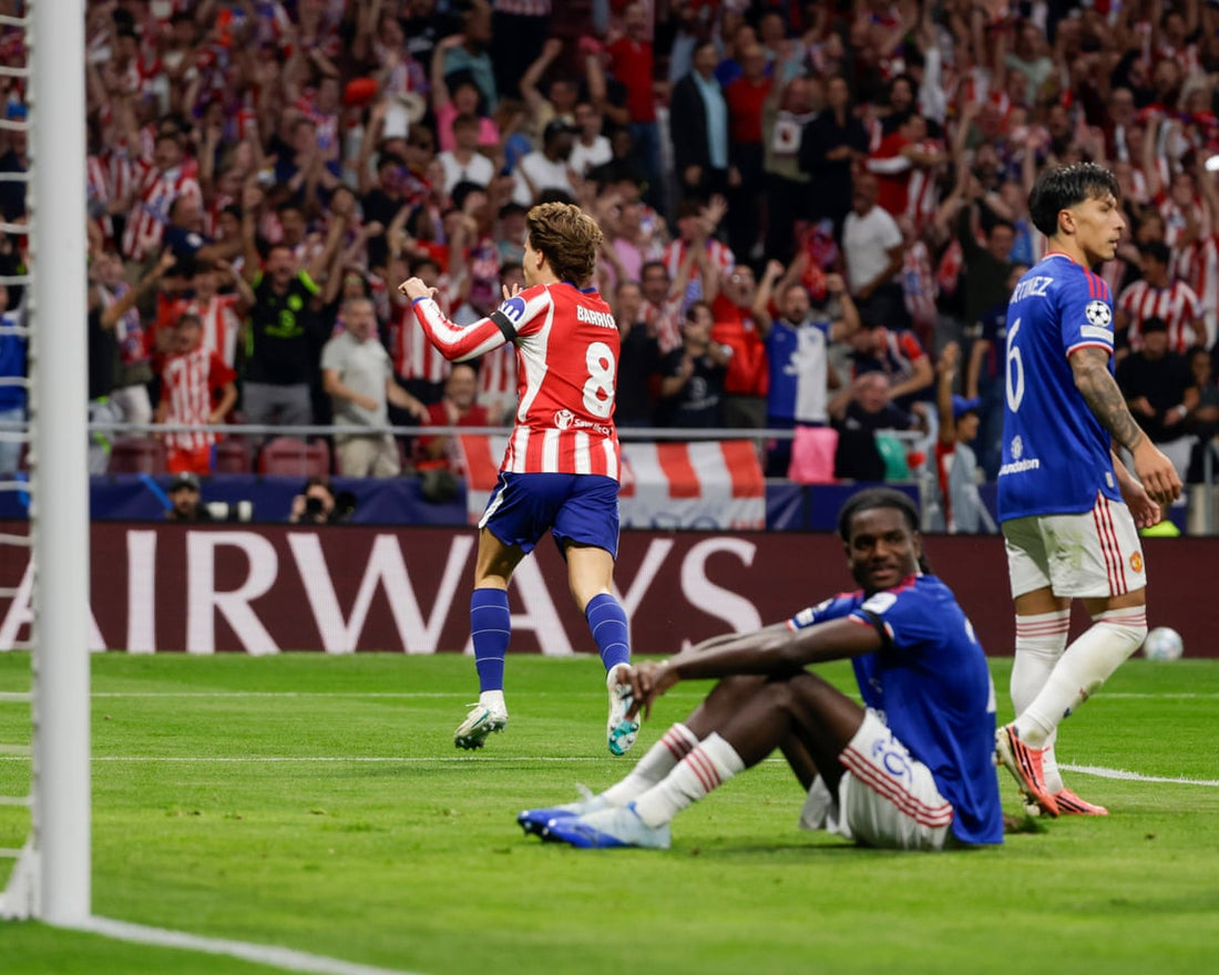 Pablo Barrios celebrates Atlético Madrid's early goal against Manchester United in October 2026