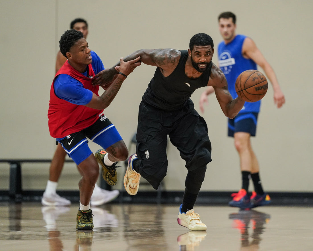 Kyrie Irving dribbles during a Dallas Mavericks 2026 team practice