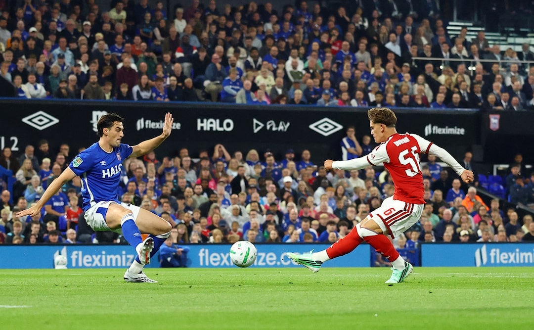 Max Dowman scores for Arsenal against Ipswich Town in the Carabao Cup in September 2026