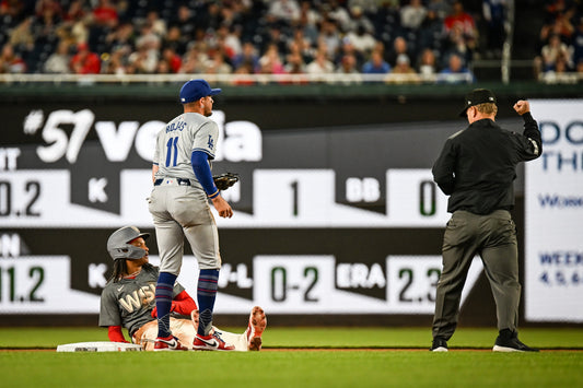Miguel Rojas in a Dodgers uniform at second base during a 2024 game
