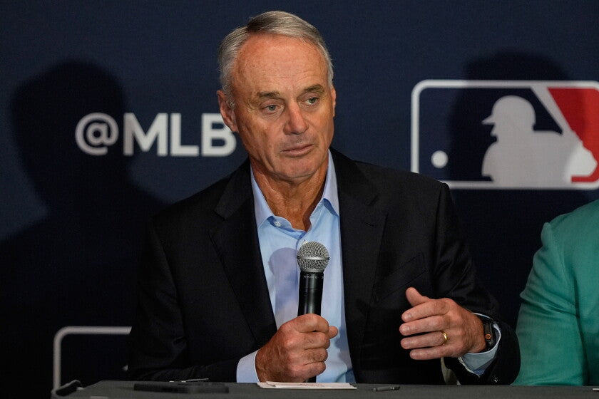 MLB commissioner Rob Manfred speaks at a 2026 baseball news conference
