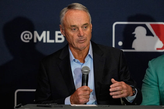 MLB commissioner Rob Manfred speaks at a 2026 baseball news conference