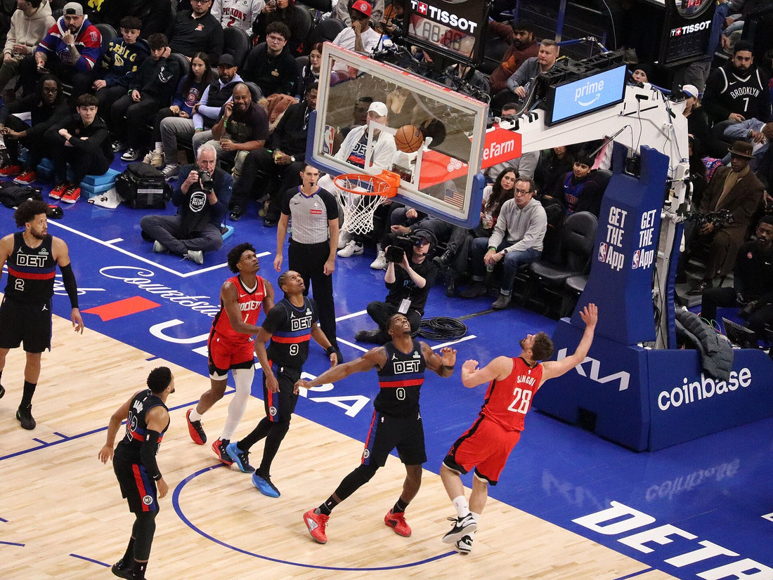 Alperen Sengun shooting in Houston Rockets game against Detroit, January 2026