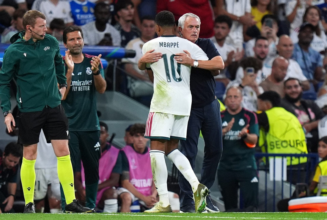 Jose Mourinho embraces Kylian Mbappe during Real Madrid's September 2026 Champions League match against Inter Milan