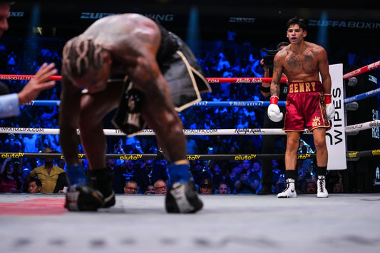 Ryan Garcia after dropping Conor Benn during their WBC welterweight title fight in Las Vegas