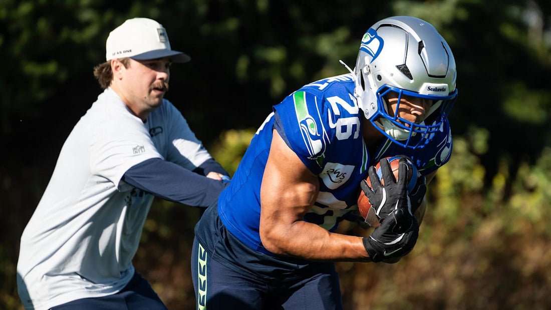 Zach Charbonnet practices with the Seattle Seahawks in October 2026