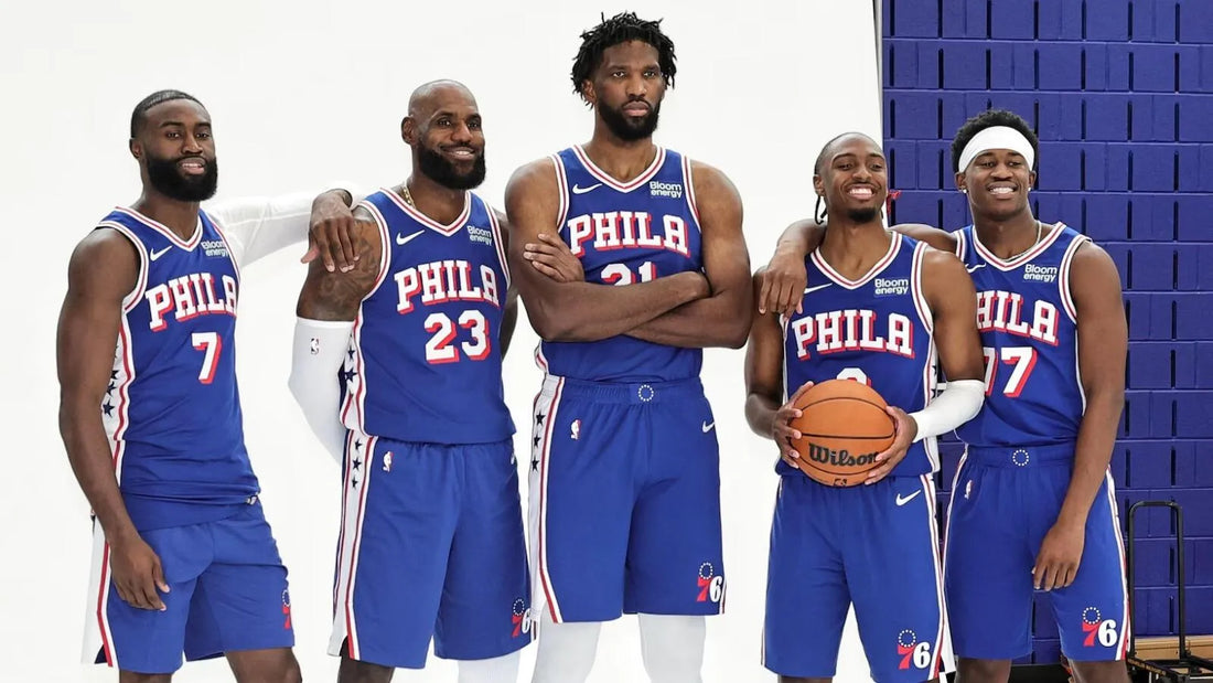 LeBron James, Joel Embiid and Philadelphia 76ers teammates in current 2026-27 blue uniforms