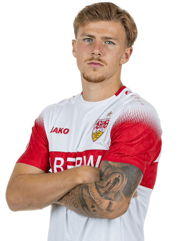 Finn Jeltsch wearing VfB Stuttgart's current white-and-red kit