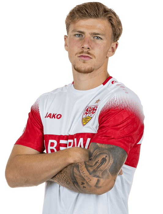 Finn Jeltsch wearing VfB Stuttgart's current white-and-red kit
