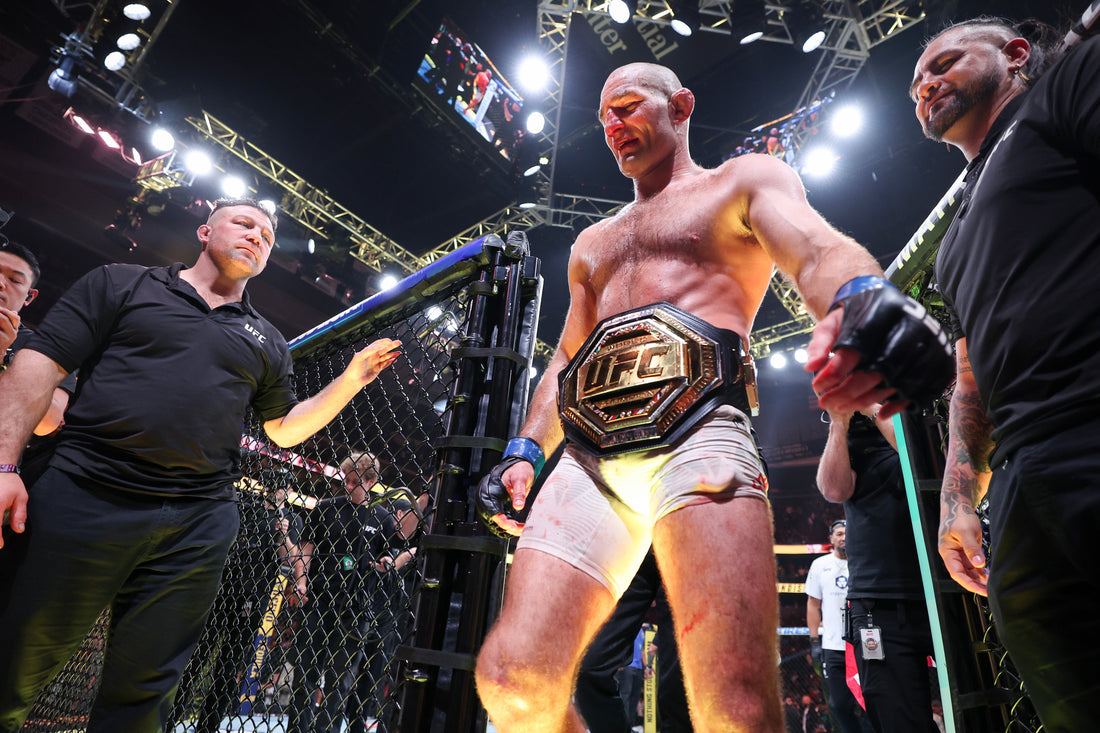 Sean Strickland with the UFC middleweight championship after his May 2026 win