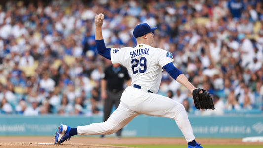 Tarik Skubal pitching in a white Los Angeles Dodgers uniform at Dodger Stadium in August 2026