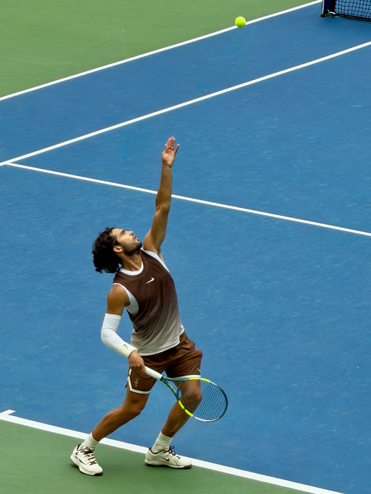 Carlos Alcaraz competing at the 2026 US Open, archival action photograph