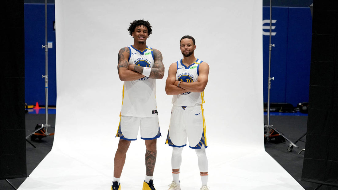 Stephen Curry and rookie Yaxel Lendeborg in their 2026 Golden State Warriors media day uniforms