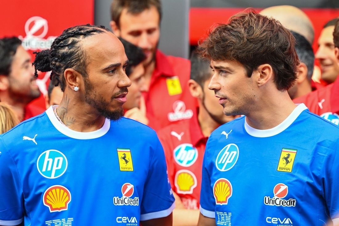 Lewis Hamilton and Charles Leclerc together during Ferrari's 2026 Italian Grand Prix weekend